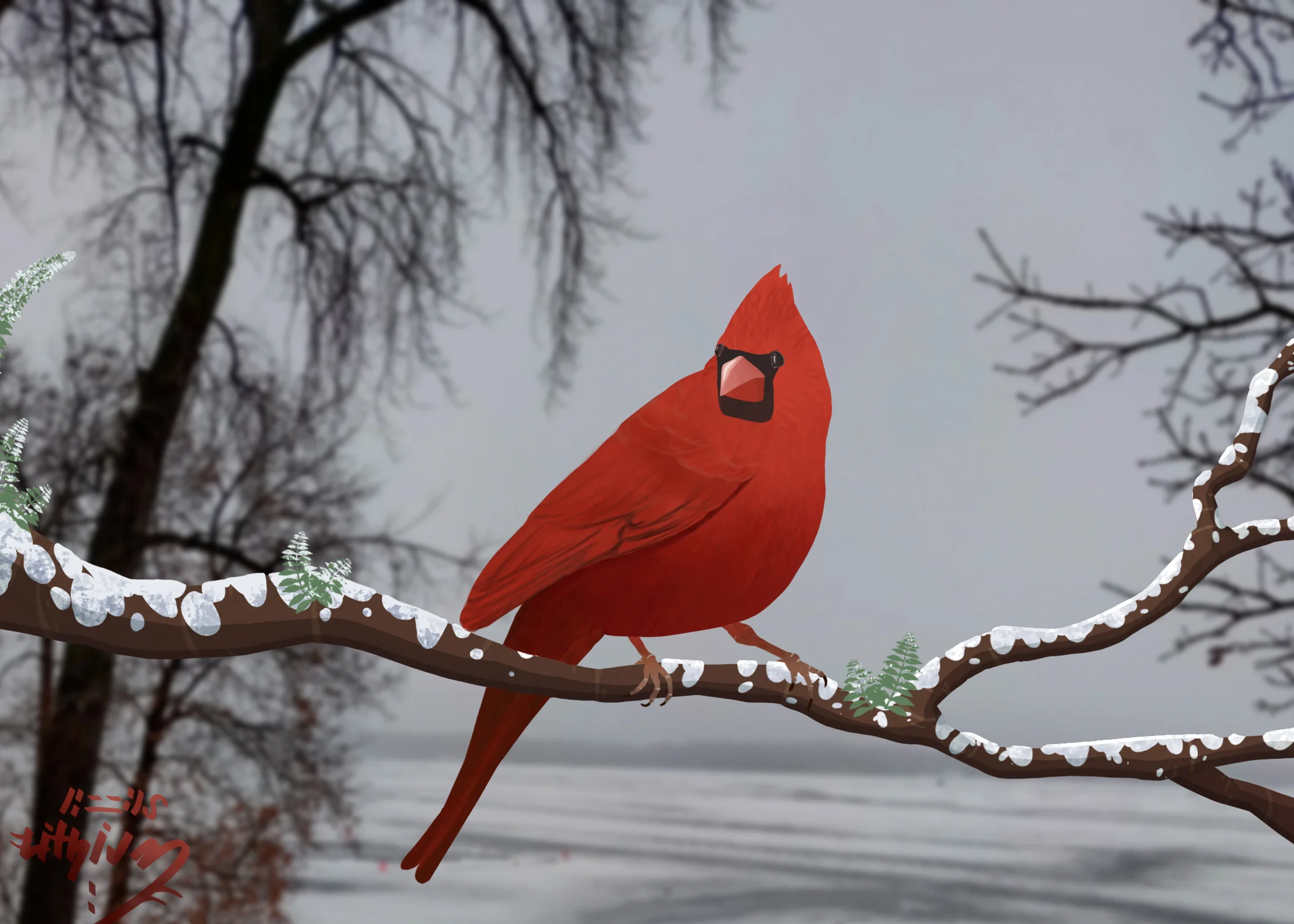A bright red male Northern Cardinal is chilling on a snow-covered branch, with bare trees and a foggy lake in the background. The bird's got a badass black mask and eye patch. The artwork's got a soft, painterly vibe.